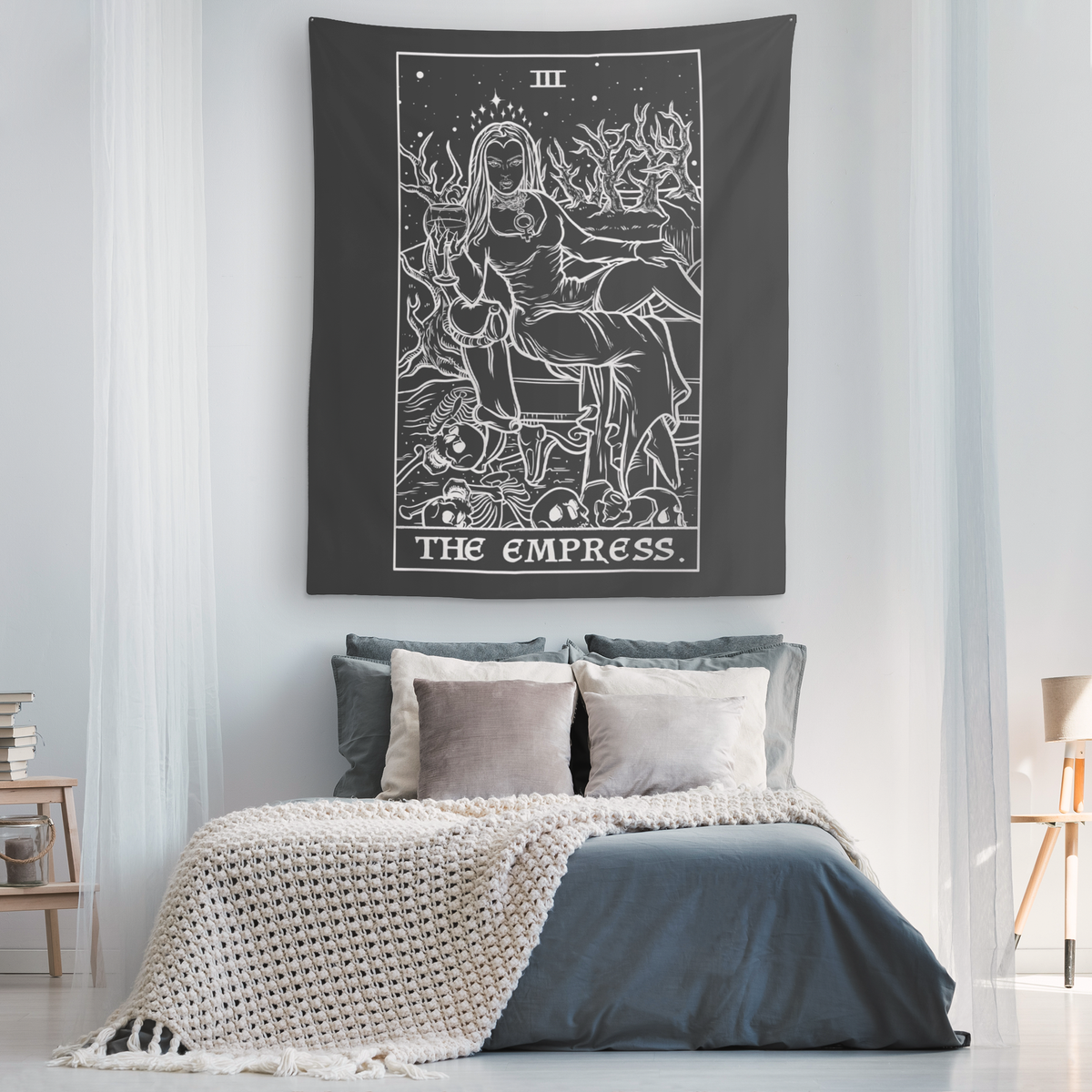 The Empress Tarot Card - Ghoulish Edition Tapestry (Black & White