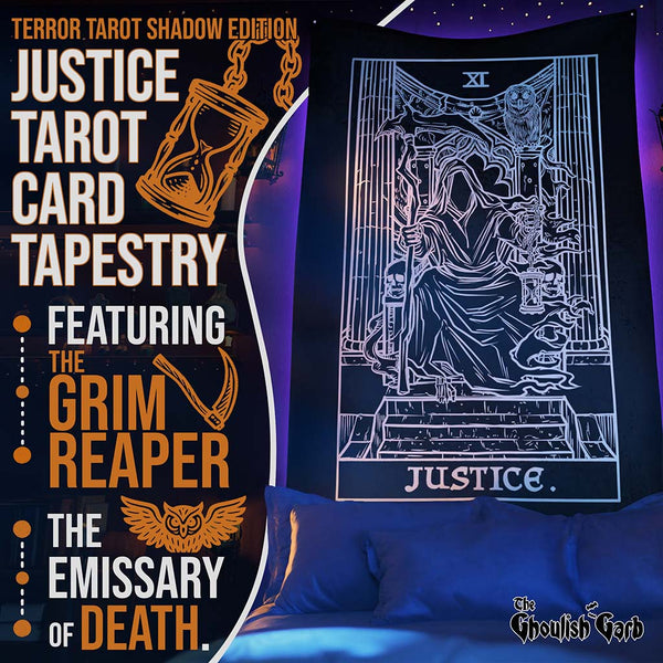 Justice Terror Tarot Card Tapestry — Shadow Edition