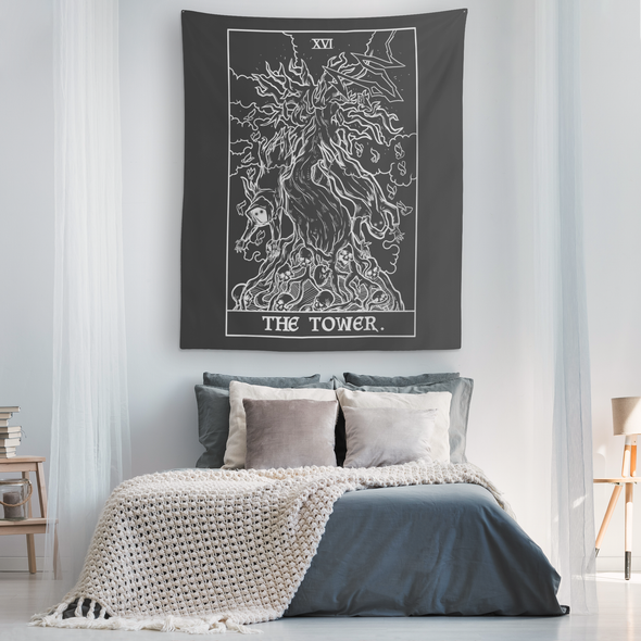 The Tower Tarot Card Darkened Face (Black & White) Tapestry