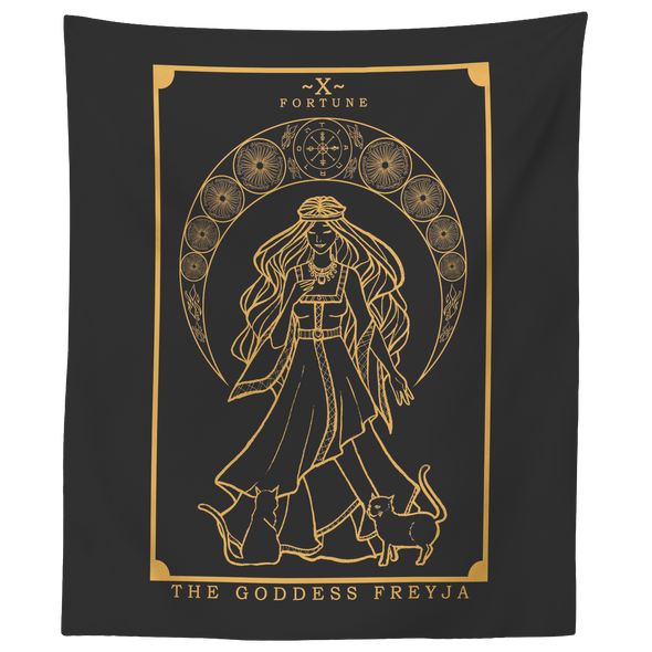 52.5 Inch Custom Height Black & Gold The Goddess Freyja Tarot Card Tapestry