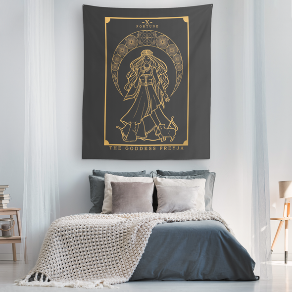 52.5 Inch Custom Height Black & Gold The Goddess Freyja Tarot Card Tapestry