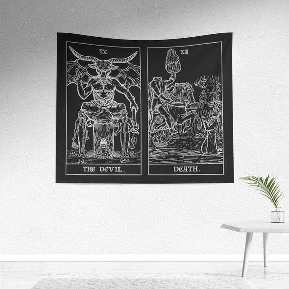 The Devil (Left) and Death(Right) Terror Tarot Card Shadow Edition Tapestry (Black & White)