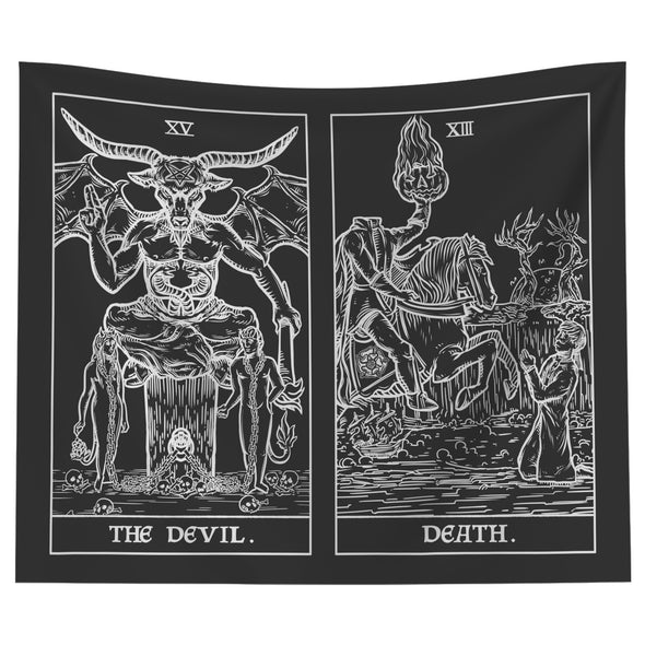 The Devil (Left) and Death(Right) Terror Tarot Card Shadow Edition Tapestry (Black & White)