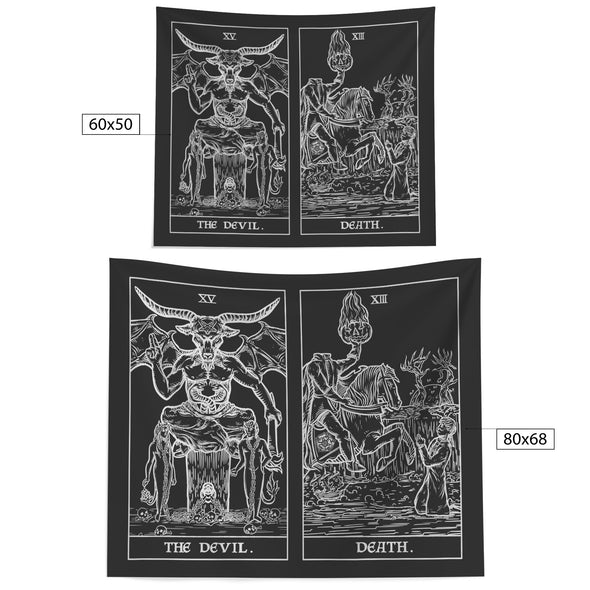 The Devil (Left) and Death(Right) Terror Tarot Card Shadow Edition Tapestry (Black & White)