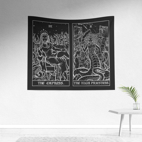 The Empress (Left) The High Priestess (Right) Terror Tarot Black & White Tapestry