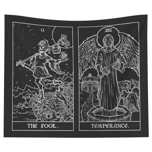 The Fool (Left) and Temperance (Right) Two In One Tarot Card Tapestry (Black & White)