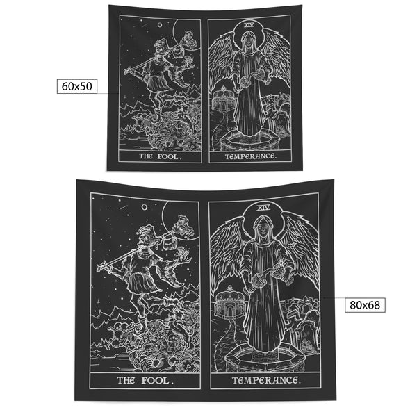The Fool (Left) and Temperance (Right) Two In One Tarot Card Tapestry (Black & White)