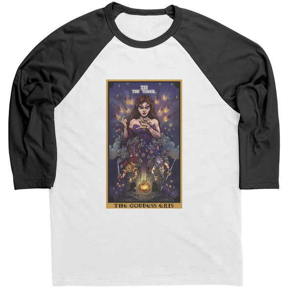 The Goddess Eris The Tower Tarot Card Raglan Baseball Tee Shirt Apple of Discord Greek Mythology Clothing Pagan Witch Long Sleeve TShirt