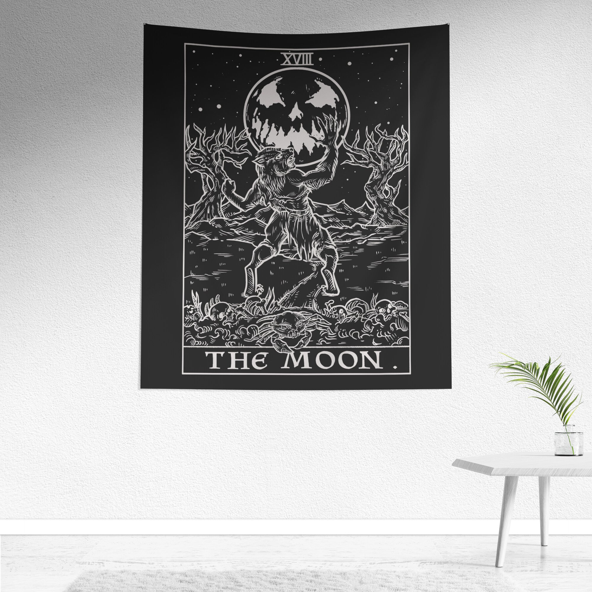 The Moon Terror Tarot Card Shadow Edition Tapestry Black White