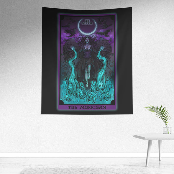 The Morrigan in the Death Tarot Card Tapestry (Black Background)