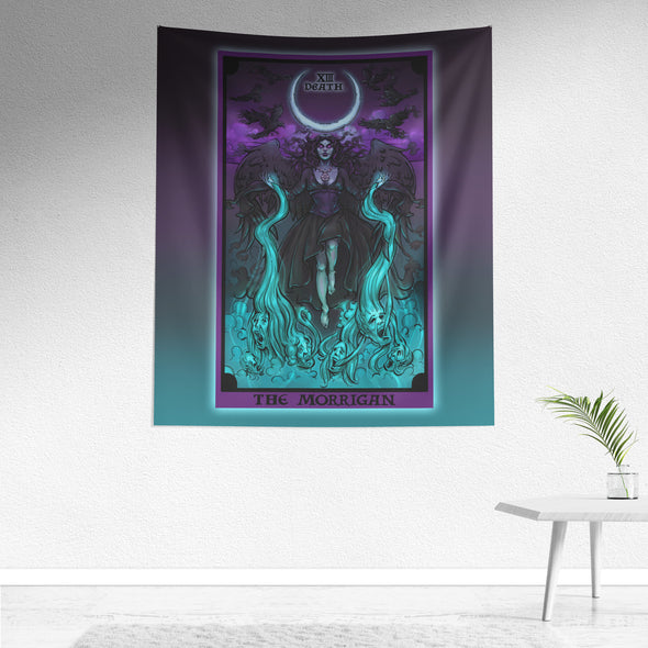 The Morrigan in the Death Tarot Card Tapestry (Color Background)