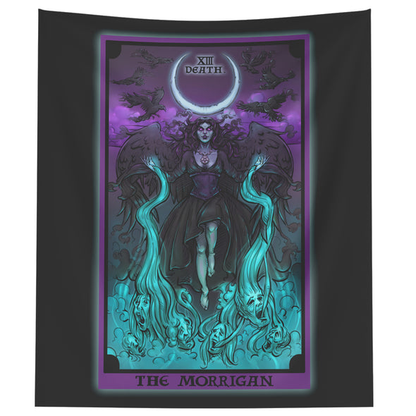 The Morrigan in the Death Tarot Card Tapestry (Black Background)