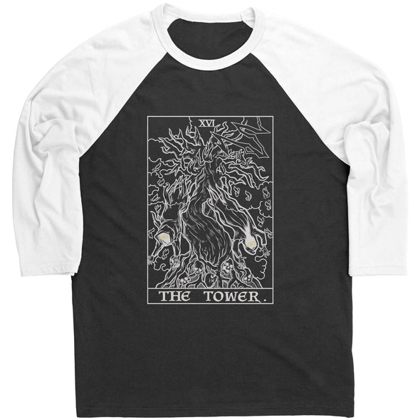The Tower Tarot Card Raglan Baseball Tee Shirt Halloween Raglans Gothic Longsleeve Horror Long Sleeve Occult T Shirt Witchcraft Clothing