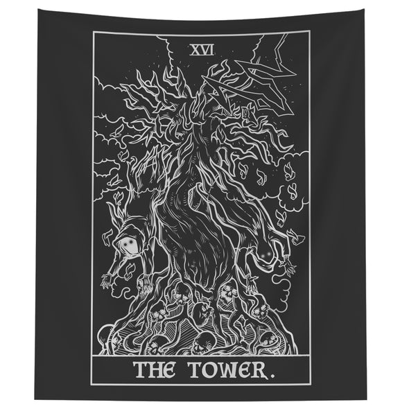 The Tower Terror Tarot Card Shadow Edition Tapestry (Black & White)