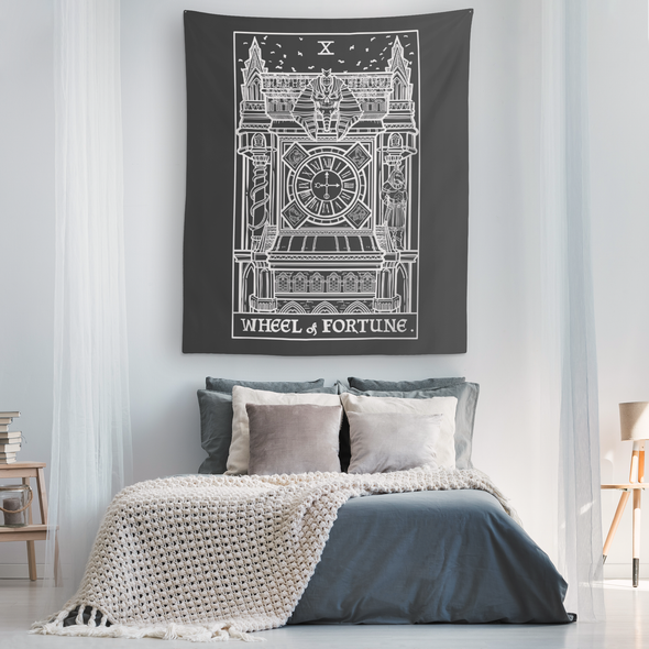 Wheel of Fortune Monochrome Tarot Card Tapestry - Ghoulish Edition