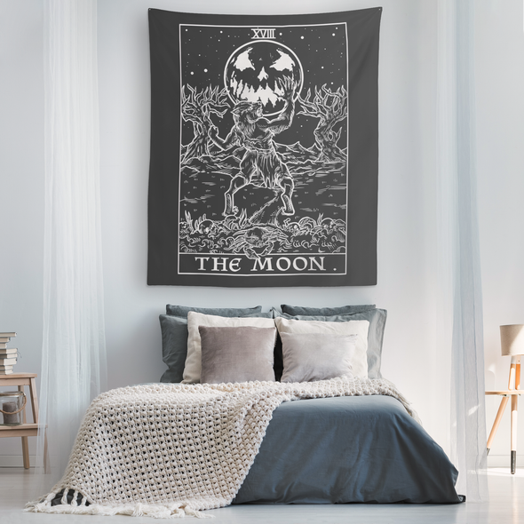 (Black & White) The Moon Tarot Card Tapestry (Vertical / Large Variant)