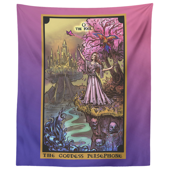 (Pink & Blue) The Goddess Persephone In The Fool Tarot Card Tapestry