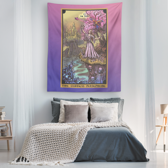 (Pink & Blue) The Goddess Persephone In The Fool Tarot Card Tapestry