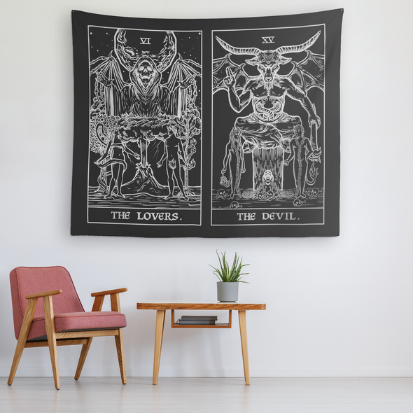 The Lovers (Left) and The Devil (Right) Black and White Tapestry
