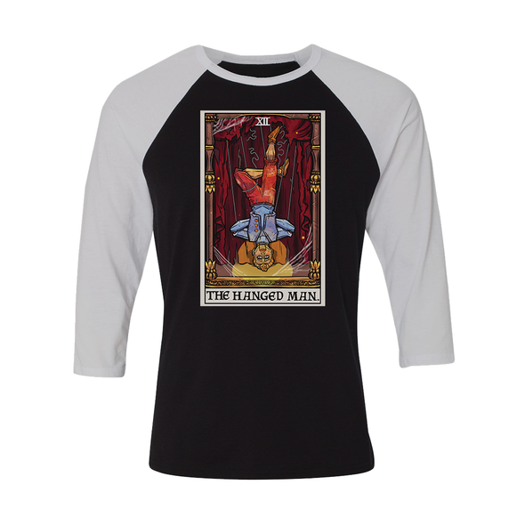 teelaunch T-shirt Canvas Unisex 3/4 Raglan / White/Black / S The Hanged Man Tarot Card- Ghoulish Edition Unisex Raglan