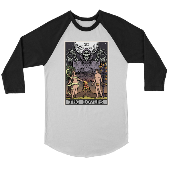 teelaunch T-shirt Canvas Unisex 3/4 Raglan / White/Black / S The Lovers Tarot Card - Ghoulish Edition Unisex Raglan (Etsy)