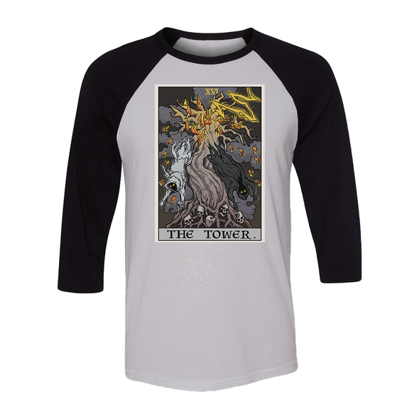teelaunch T-shirt Canvas Unisex 3/4 Raglan / White/Black / S The Tower Tarot Card - Ghoulish Edition Unisex Raglan