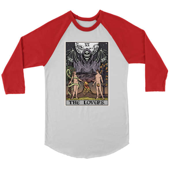 teelaunch T-shirt Canvas Unisex 3/4 Raglan / White/Red / S The Lovers Tarot Card - Ghoulish Edition Unisex Raglan (Etsy)