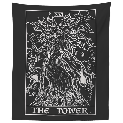 teelaunch Tapestries 60" x 50" The Tower Monochrome Tarot Card - Ghoulish Edition Tapestry