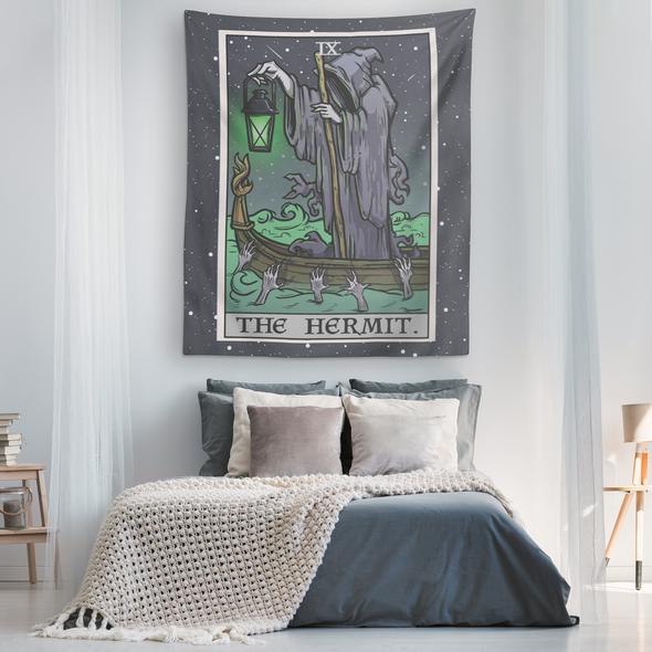 teelaunch Tapestries (Etsy) The Hermit Tarot Card Tapestry - Ghoulish Edition (Colored/Vertical)
