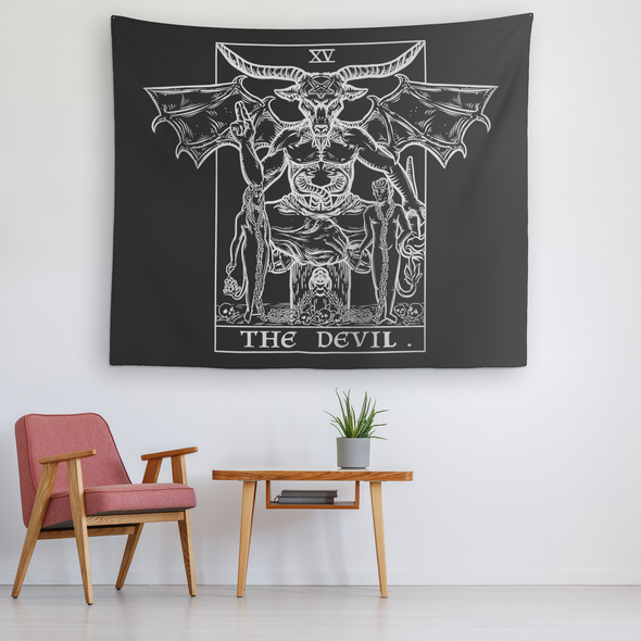 teelaunch Tapestries The Devil Monochrome Tarot Card - Ghoulish Edition Tapestry