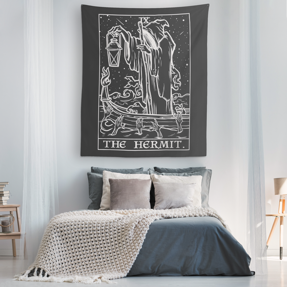 teelaunch Tapestries The Hermit Monochrome Tarot Card - Ghoulish Edition Tapestry