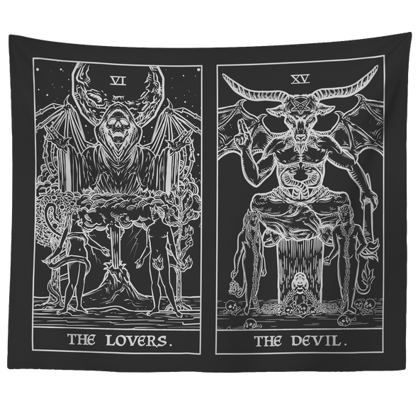 The Lovers (Left) and The Devil (Right) Black and White Tapestry