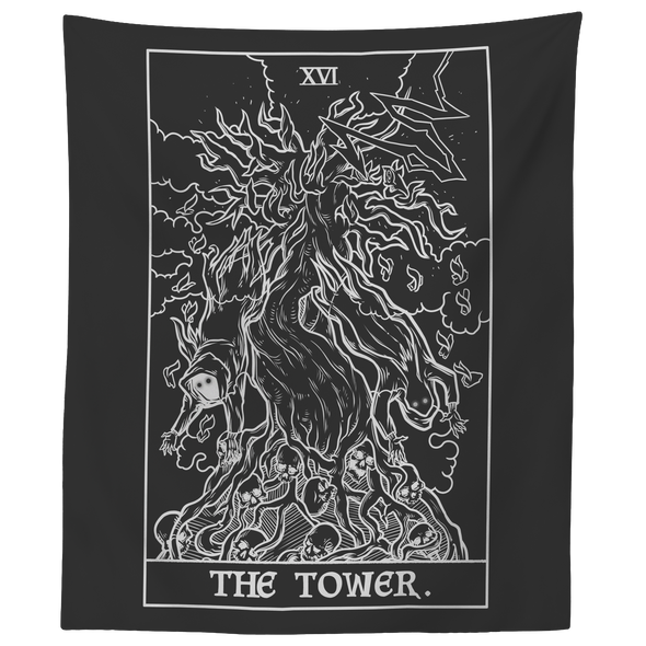 The Tower Tarot Card Darkened Face (Black & White) Tapestry
