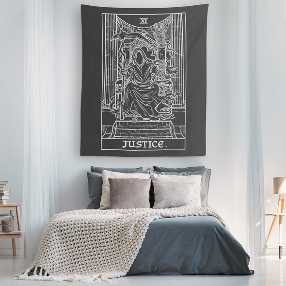 Justice Tarot Card Tapestry (Black & White) - Darkened Face Variant