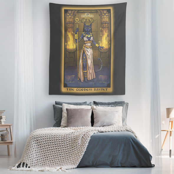 The Goddess Bastet In Strength Tarot Card Tapestry (Color / Vertical)